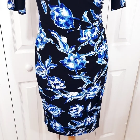Lauren Ralph Lauren Dress Short Sleeve Floral on Navy Blue Sthetcy Size 6 - Picture 5 of 14